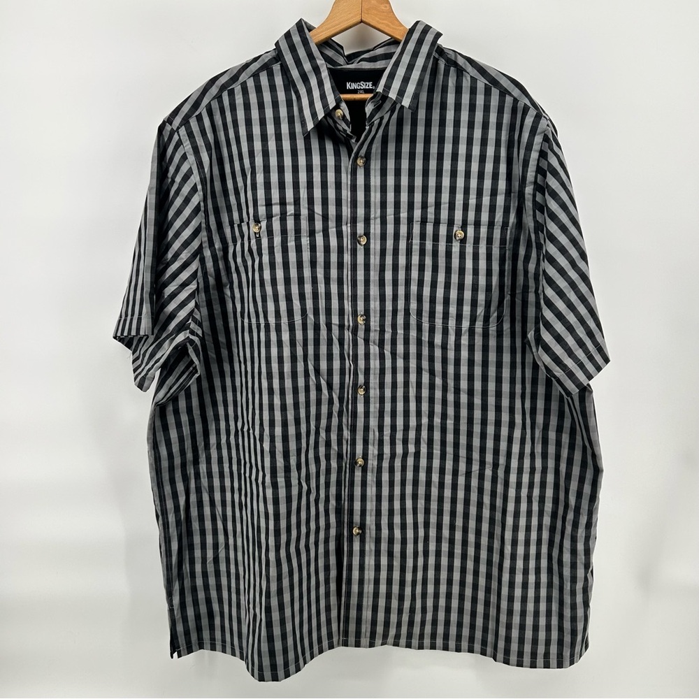 KingSize Shirt Mens 2XL‎ Black Gray Striped Button Up Short Sleeve Big & Tall